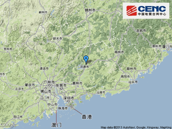 广东省河源市东源县发生有感地震
